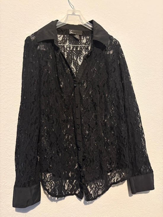 Lane Bryant Tops - Lane Bryant Black Sheer Lace Button-Up Top